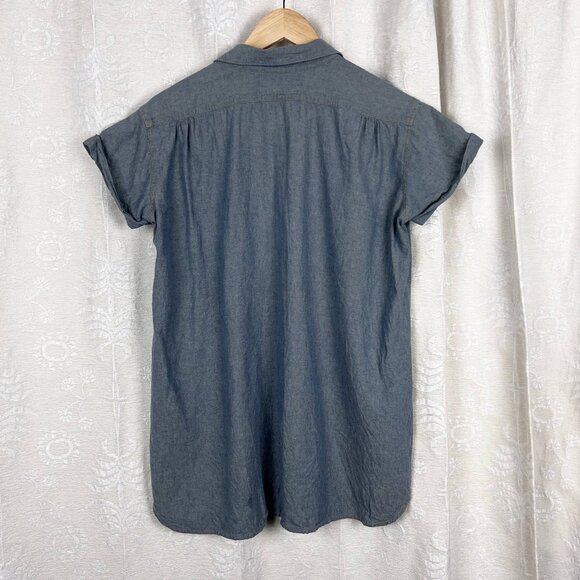 THE GREAT. chambray denim snap front blouse short roll cuff sleeves tie front - Picture 4 of 6